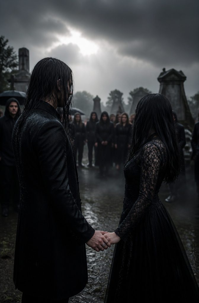 A couple in a cemetery discussing their vows.