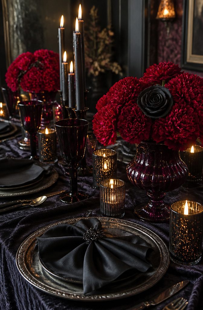 A table with dark floral arrangements in a gothic style.