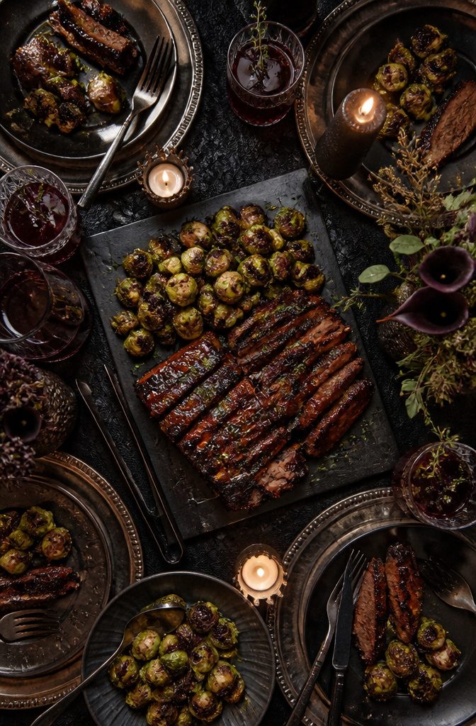 BBQ food and cocktails presented for a gothic wedding.