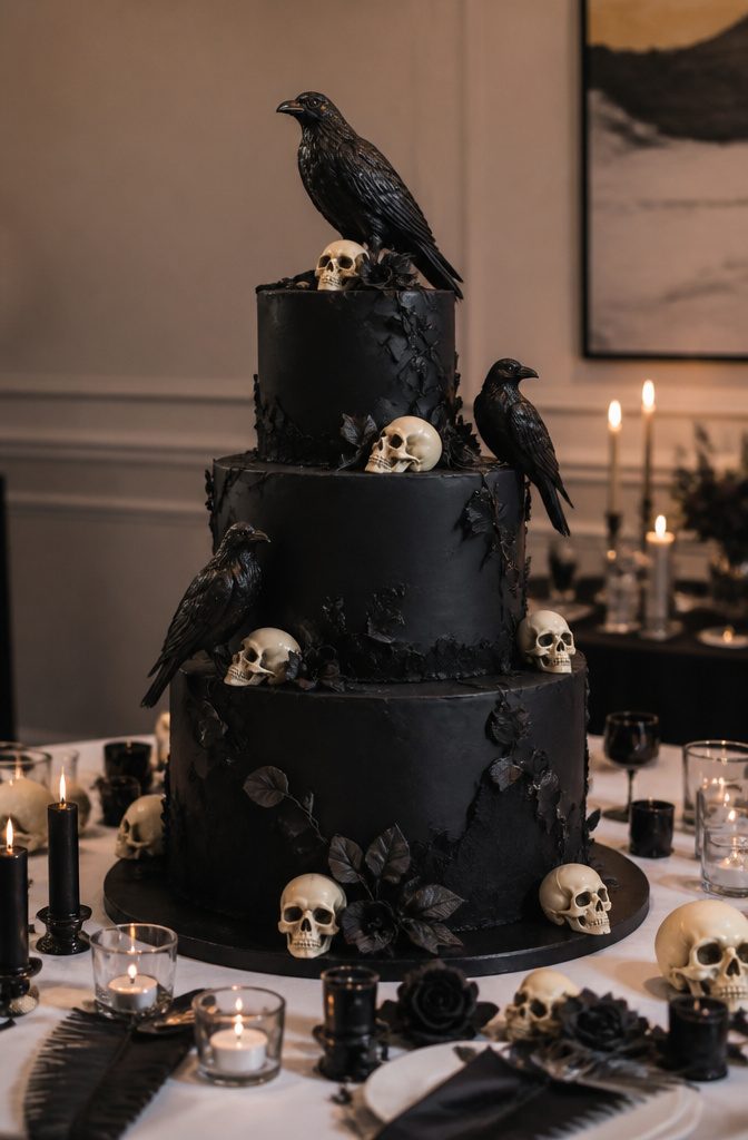 A black wedding cake with skulls and ravens on each tier.