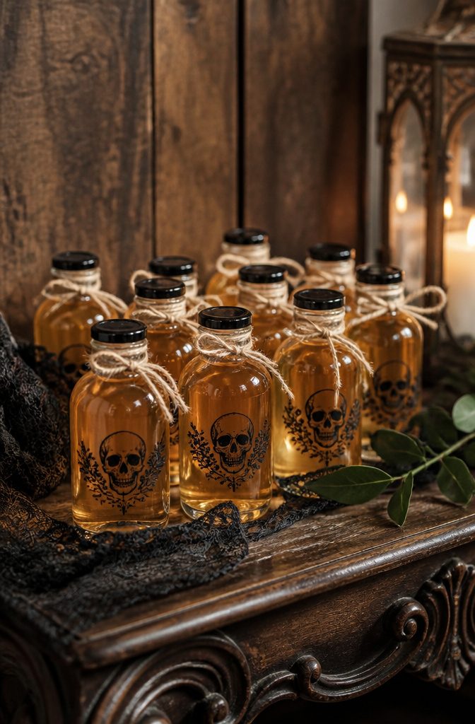 Bottles of apple pie moonshine labeled 'Love Potion' as wedding favors.