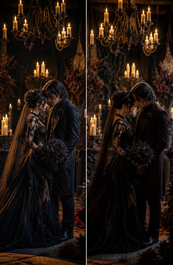 Dimly lit wedding ceremony with candles and shadows.
