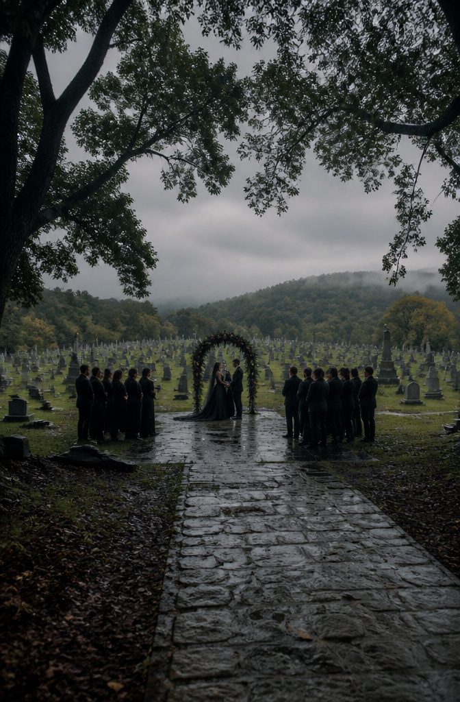 A cemetery wedding ceremony with guests dressed in black.