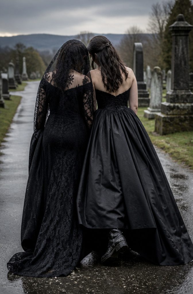 Two brides in black dresses with a black lace tablecloth veil.