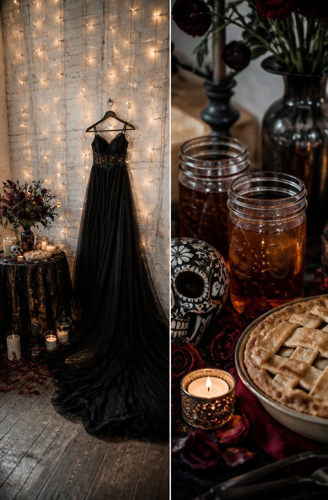 A couple's wedding items including a gown and props.