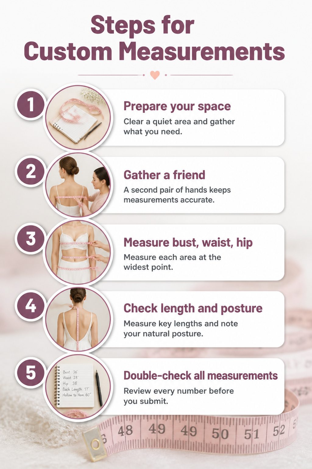 Steps for custom measurements include bust, waist, and hip measurements.