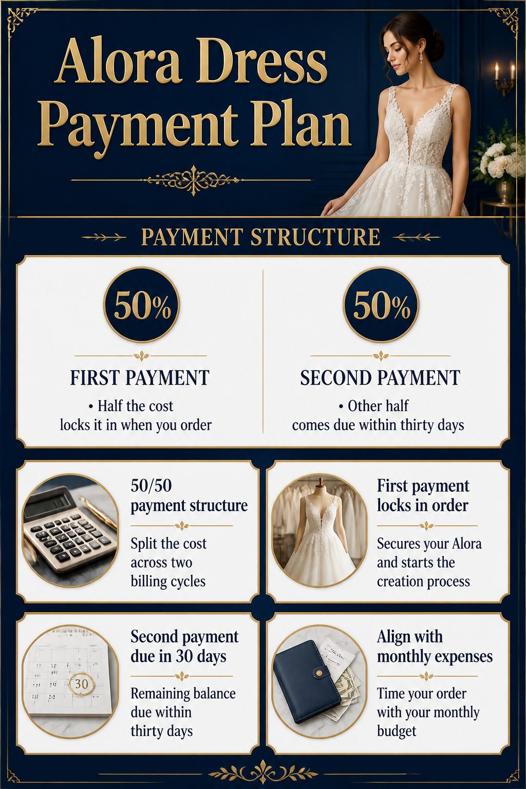Payment plan details for the Alora dress include a 50% upfront payment.