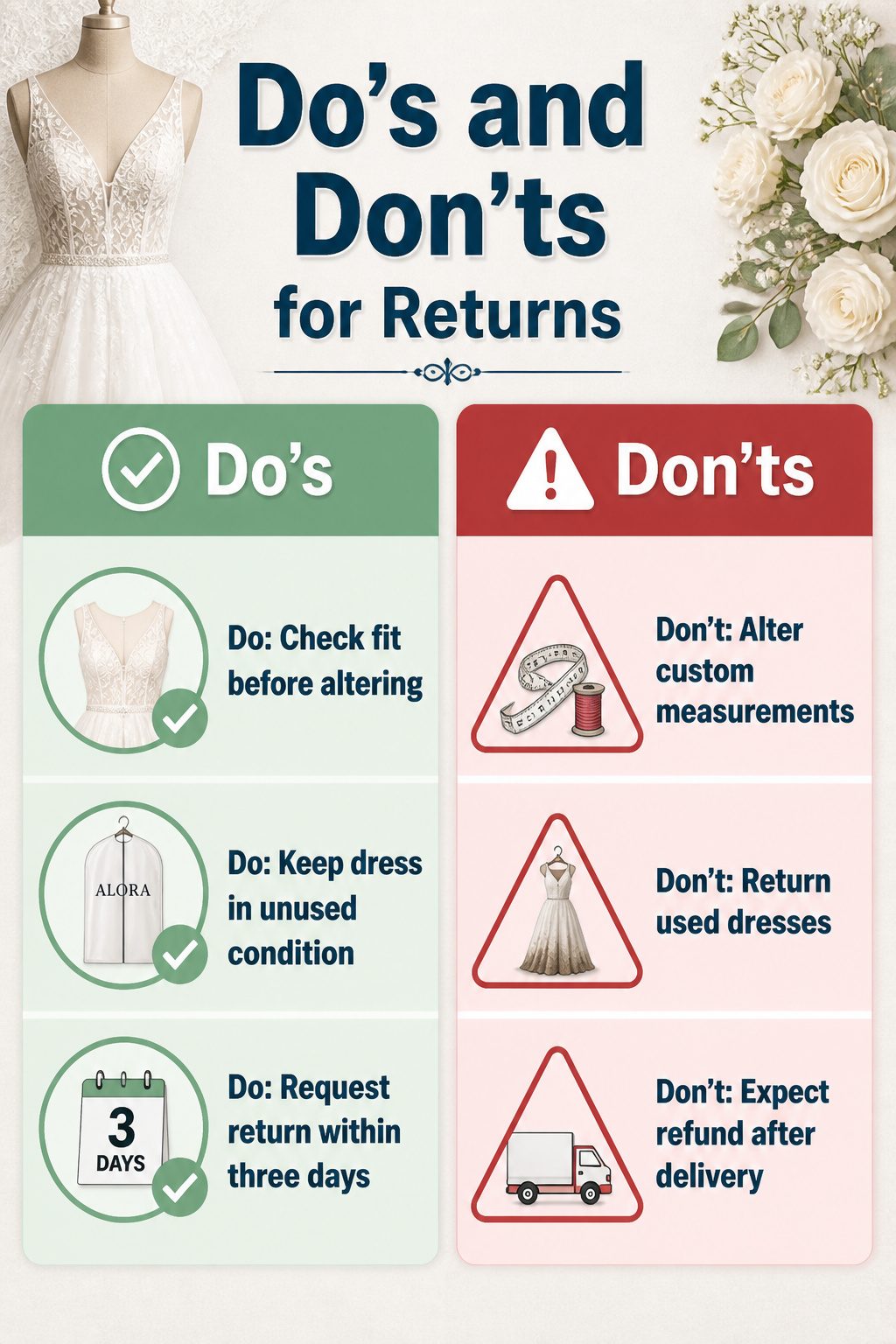 Do's and don'ts for returns include conditions for refunds and fees.