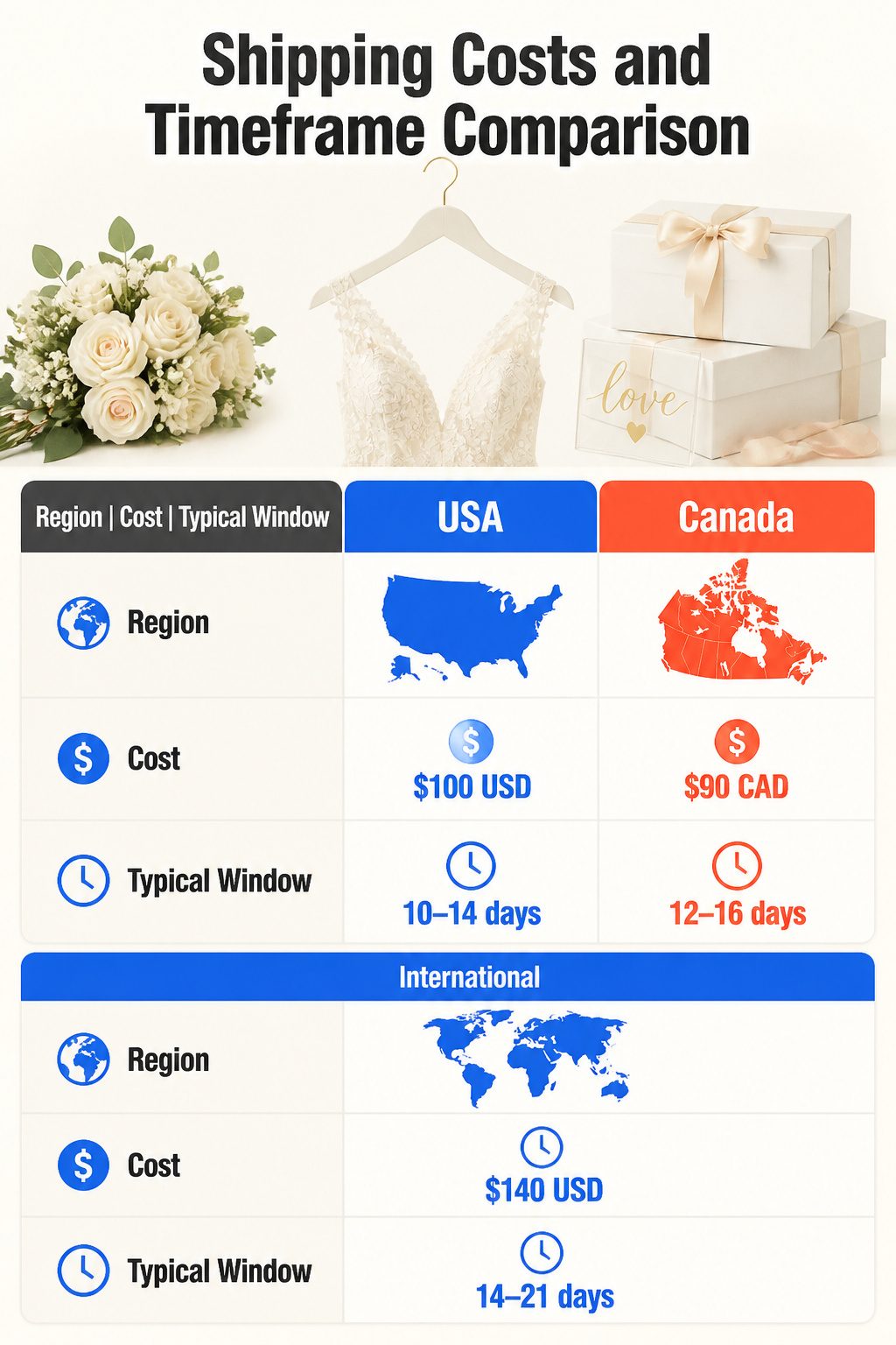 Shipping costs and timeframes for the Alora dress are outlined in a comparison.