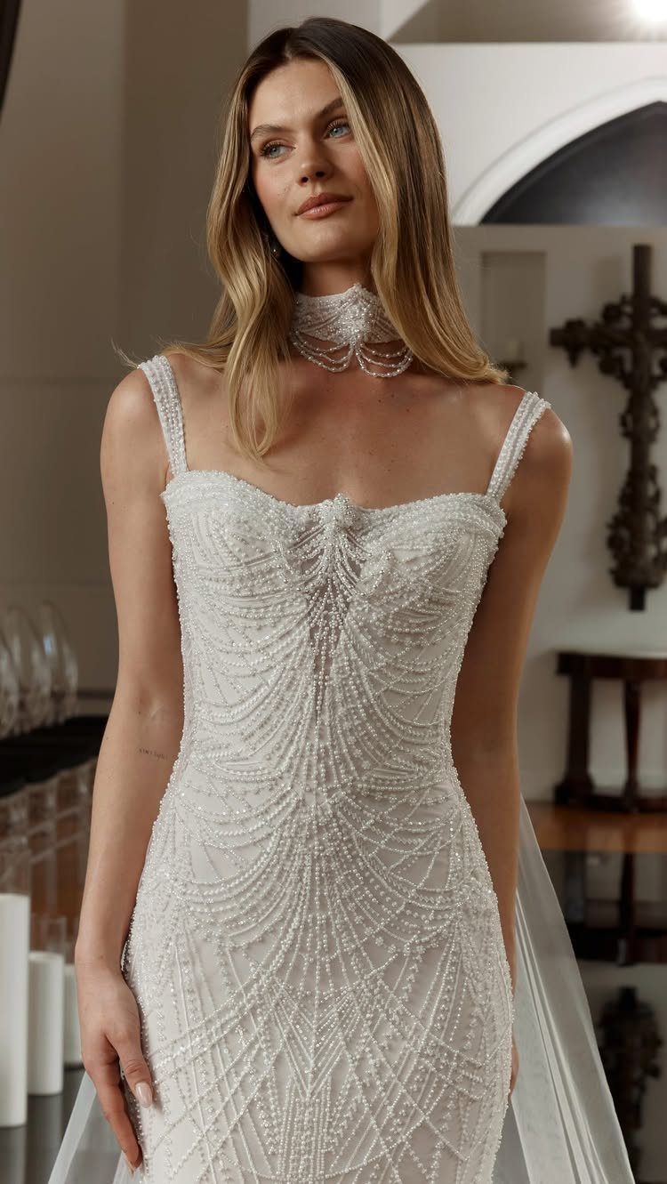 Art Deco Wedding Dress: 11 Styles From Beaded Trains to Choker Accents 11 A woman posing in a white beaded wedding dress with art deco geometric patterns.
