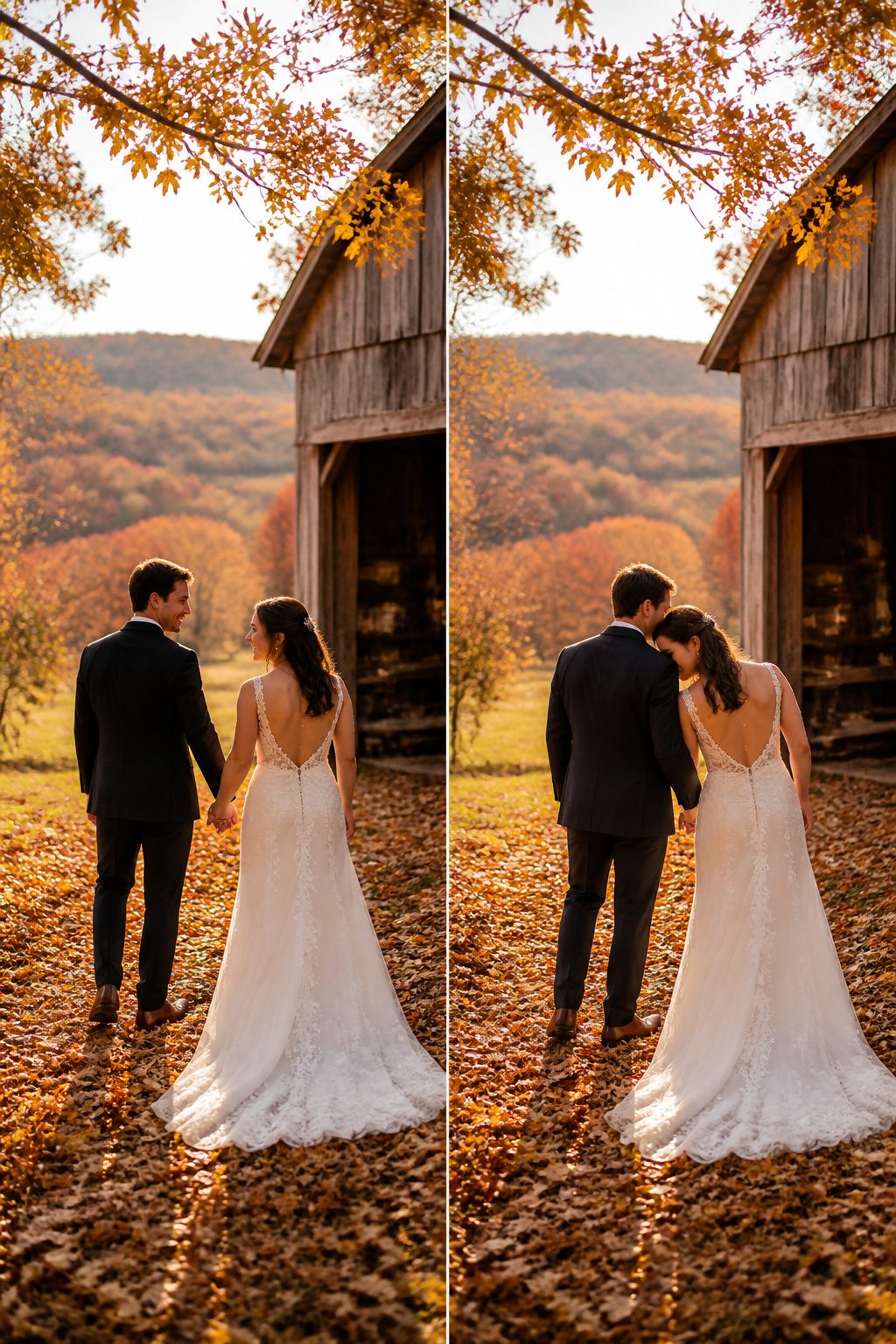A couple taking portraits during golden hour with colorful fall leaves.