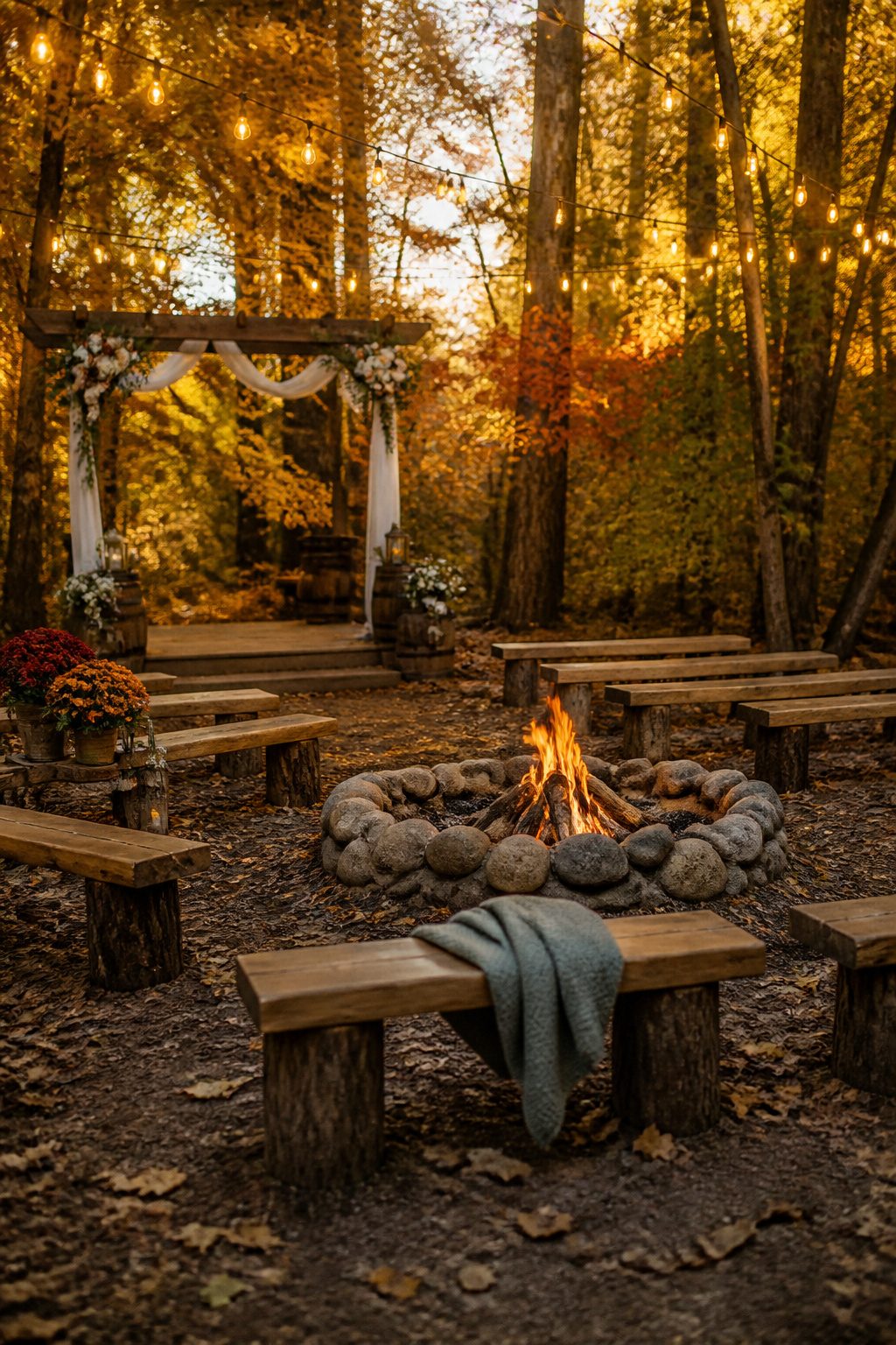 Small wooden benches arranged for an outdoor wedding ceremony.