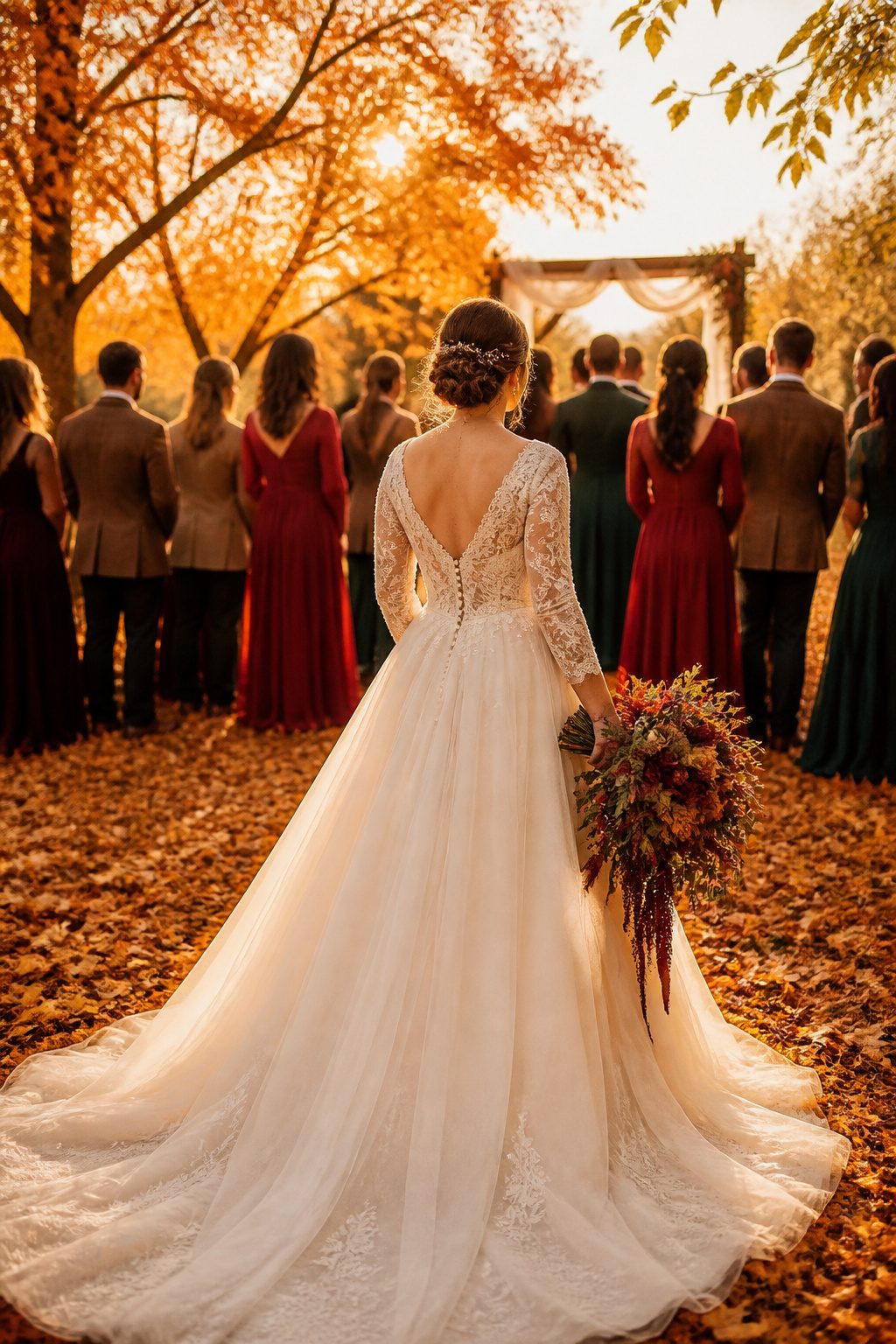 Bridesmaids wearing long-sleeved dresses in autumn colors.