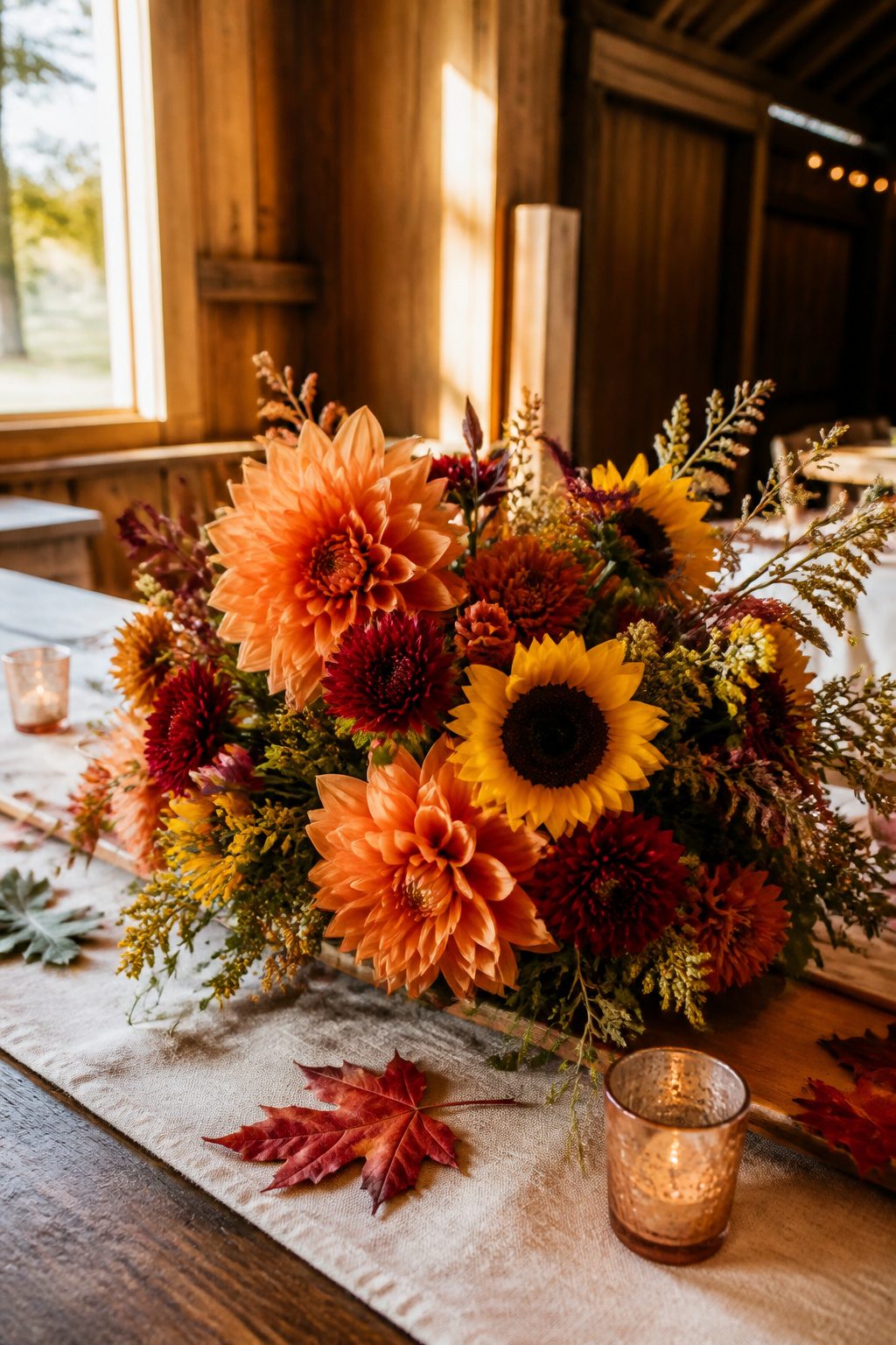 A floral arrangement of dahlias, chrysanthemums, and sunflowers on a wooden table.
