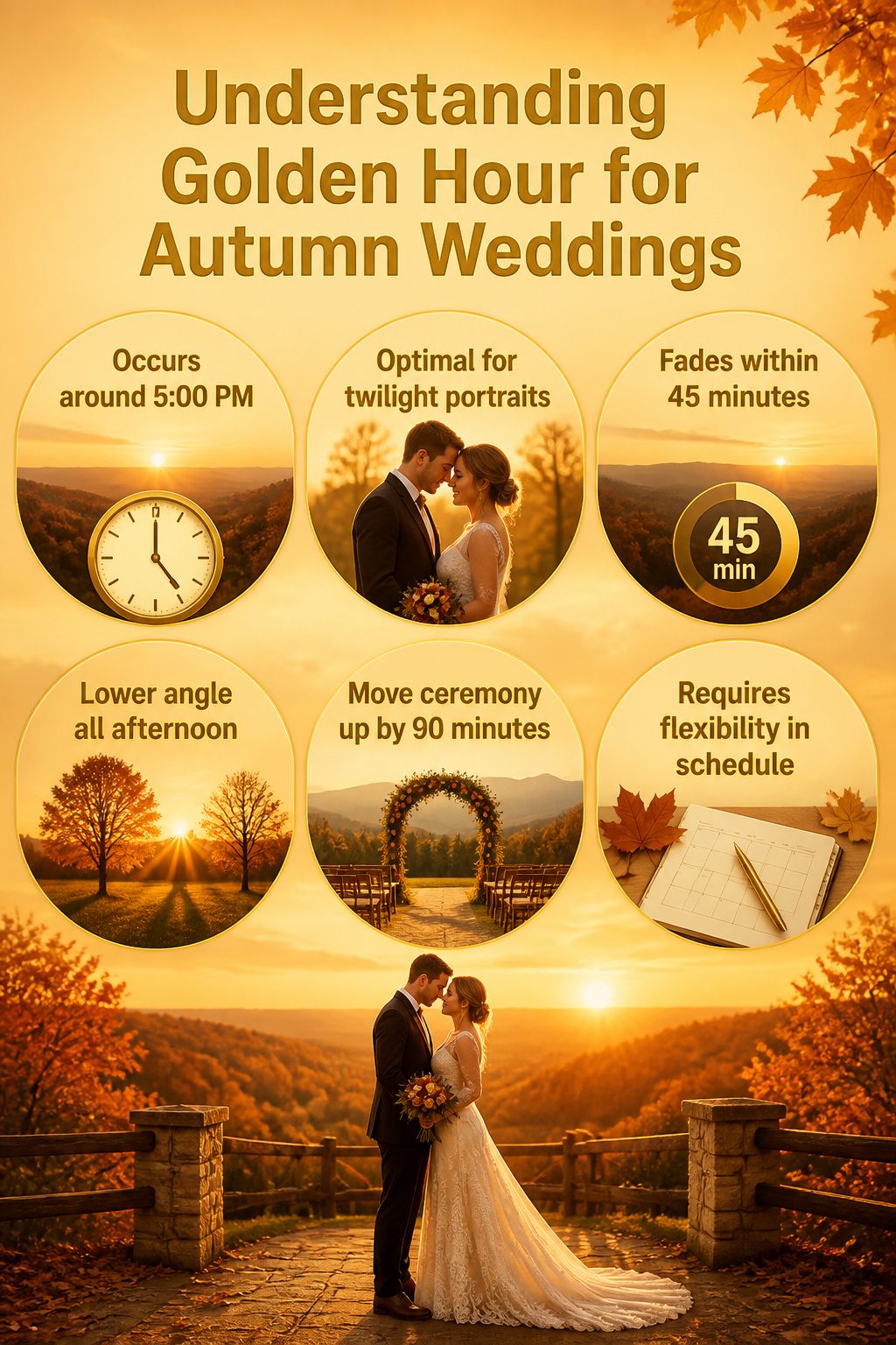 An information graphic about timing for golden hour during autumn weddings.