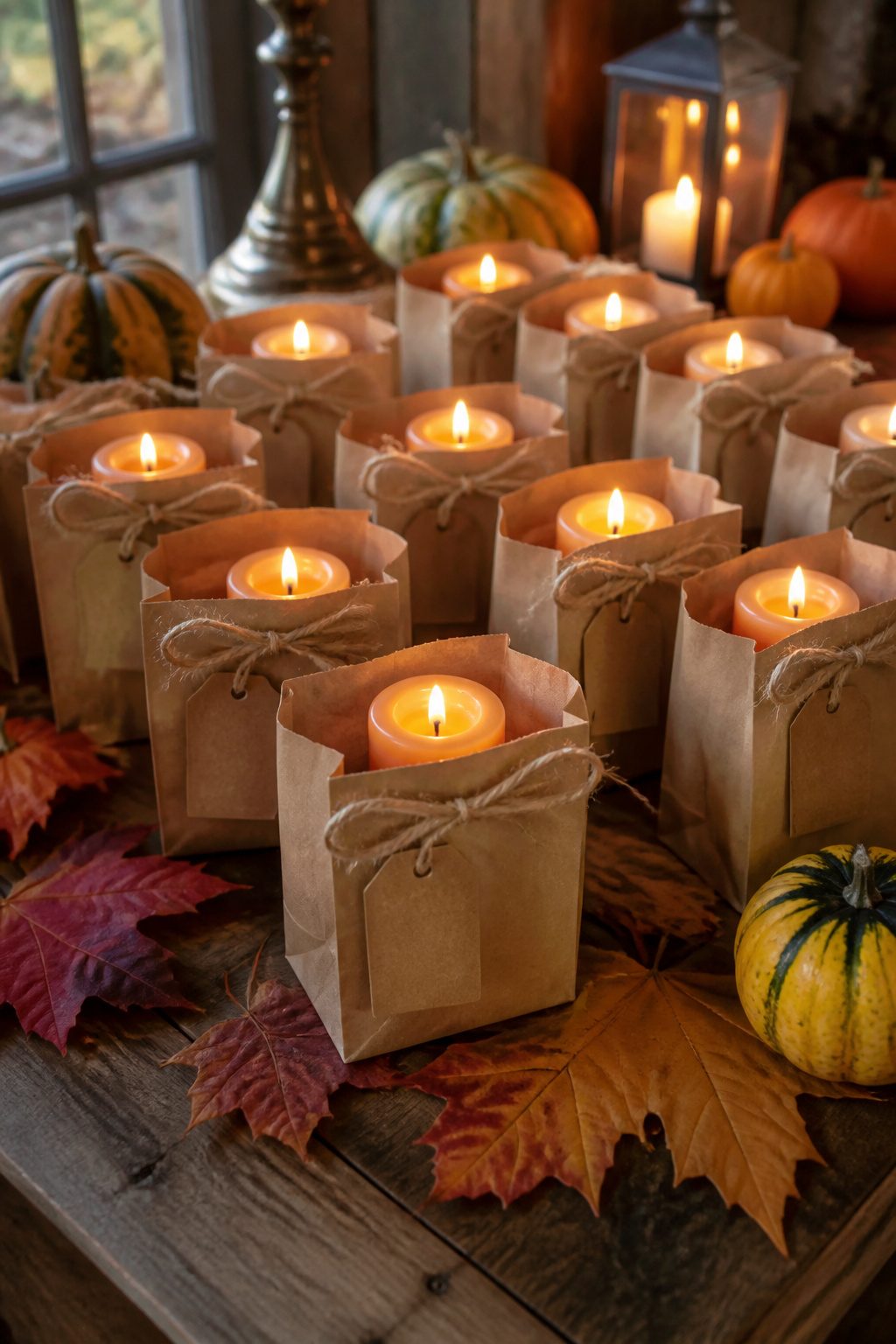 A display of mini pumpkin spice candles on a wooden table.