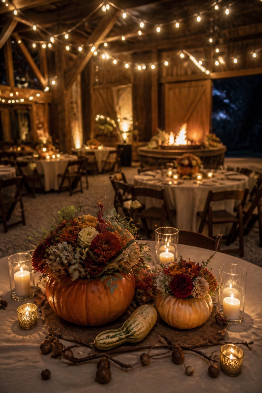 A barn interior decorated with pumpkins and seasonal flowers.