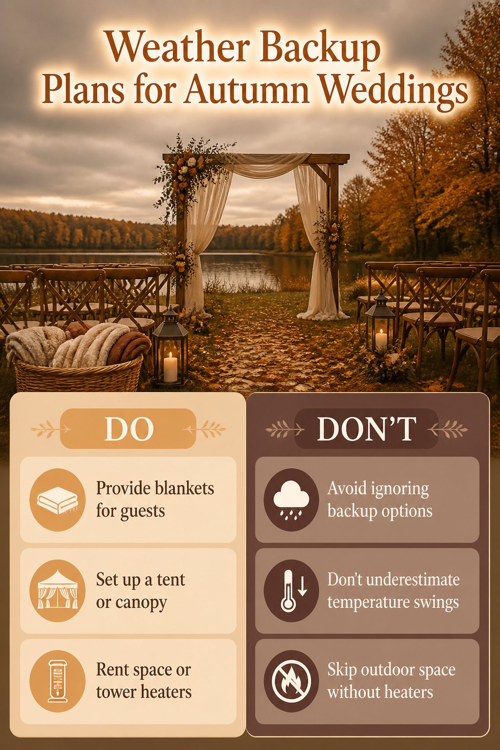 A basket of blankets near seating for an outdoor autumn wedding.