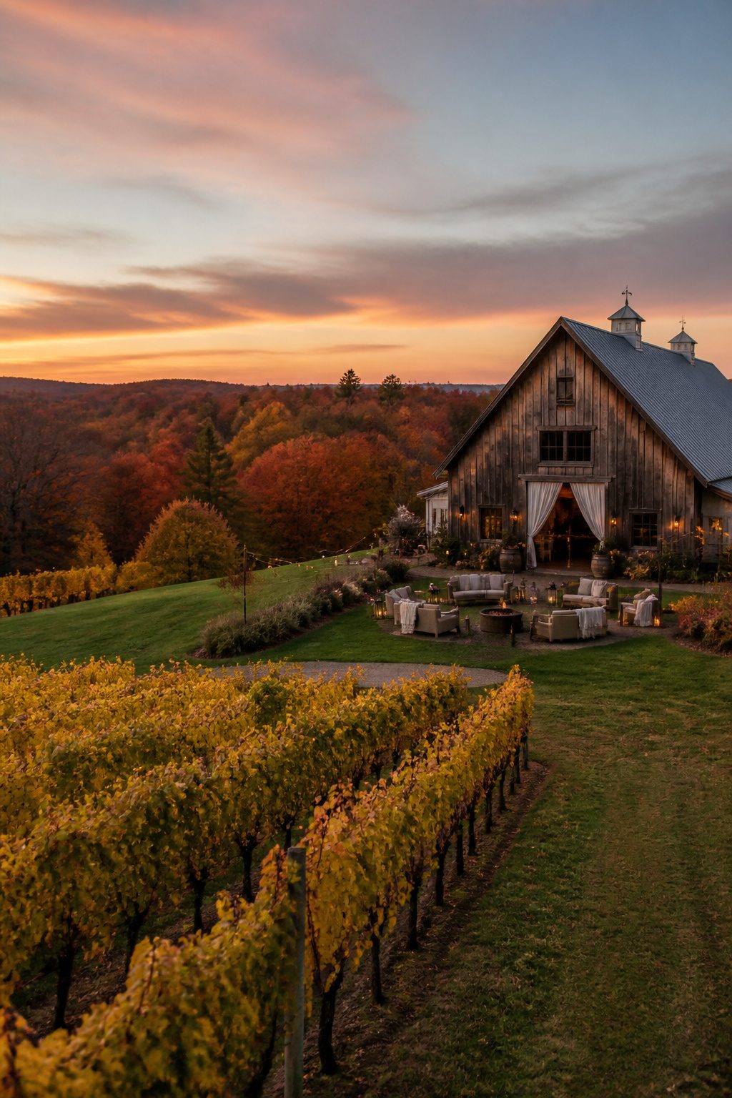 An old barn with weathered wood and autumn foliage.