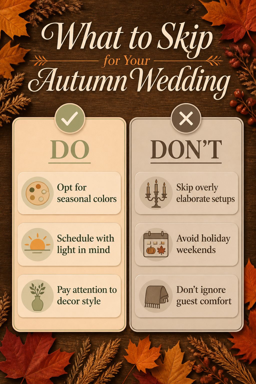 A wedding scene showing mismatched bright colors against fall foliage.