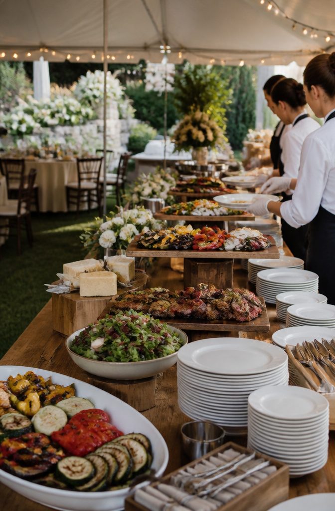 Backyard Wedding Checklist: A Stage-by-Stage Planning Guide 6 A buffet station beautifully arranged with various dishes under a tent.