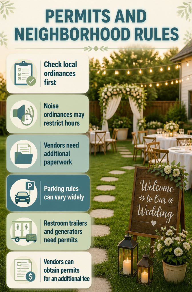 Backyard Wedding Checklist: A Stage-by-Stage Planning Guide 2 An information graphic about permits and neighborhood rules.