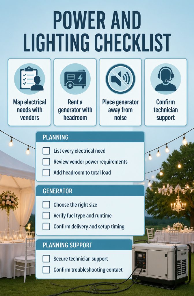 Backyard Wedding Checklist: A Stage-by-Stage Planning Guide 5 An image showing power sources and lighting setups for an event.