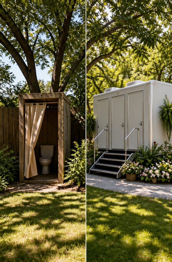 Backyard Wedding Checklist: A Stage-by-Stage Planning Guide 7 A restroom trailer set up for a backyard wedding.