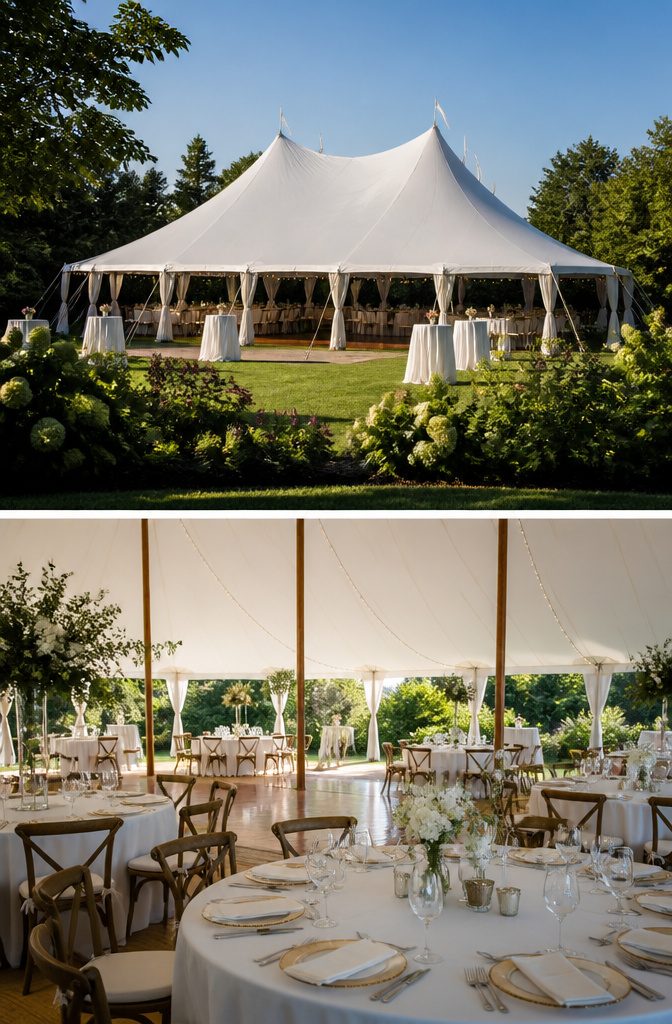 Backyard Wedding Checklist: A Stage-by-Stage Planning Guide 4 A rented tent with tables and chairs set up for an outdoor event.