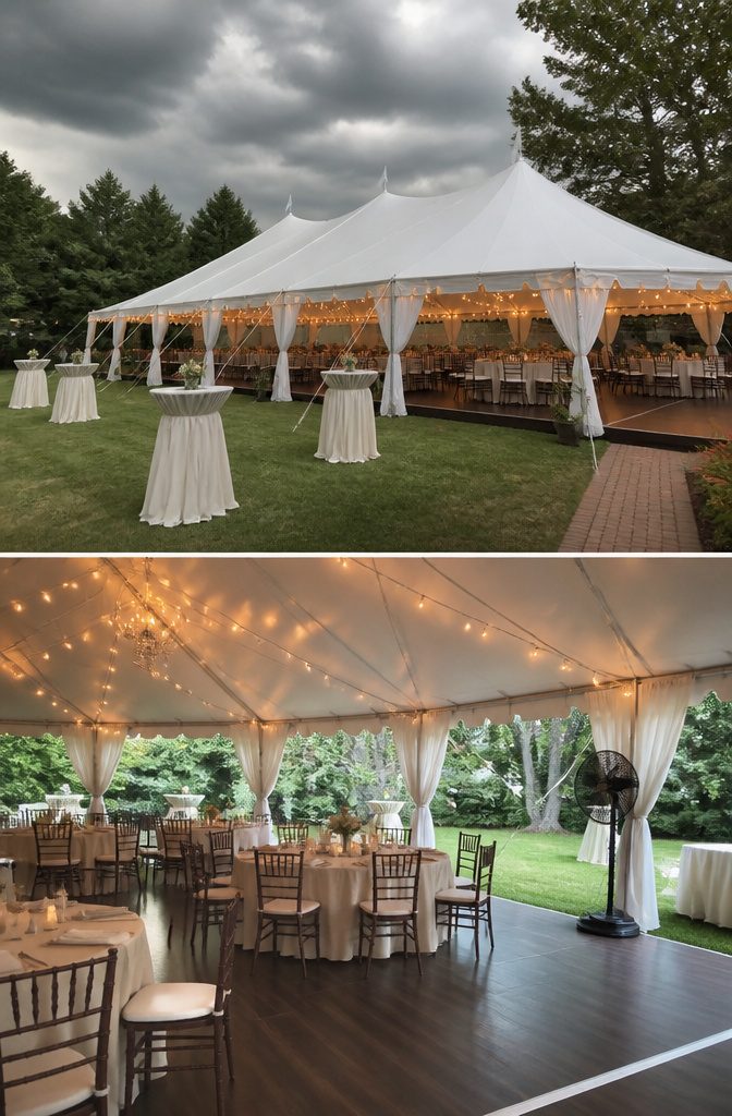 Backyard Wedding Checklist: A Stage-by-Stage Planning Guide 8 A tent setup in a backyard, prepared for potential rain.