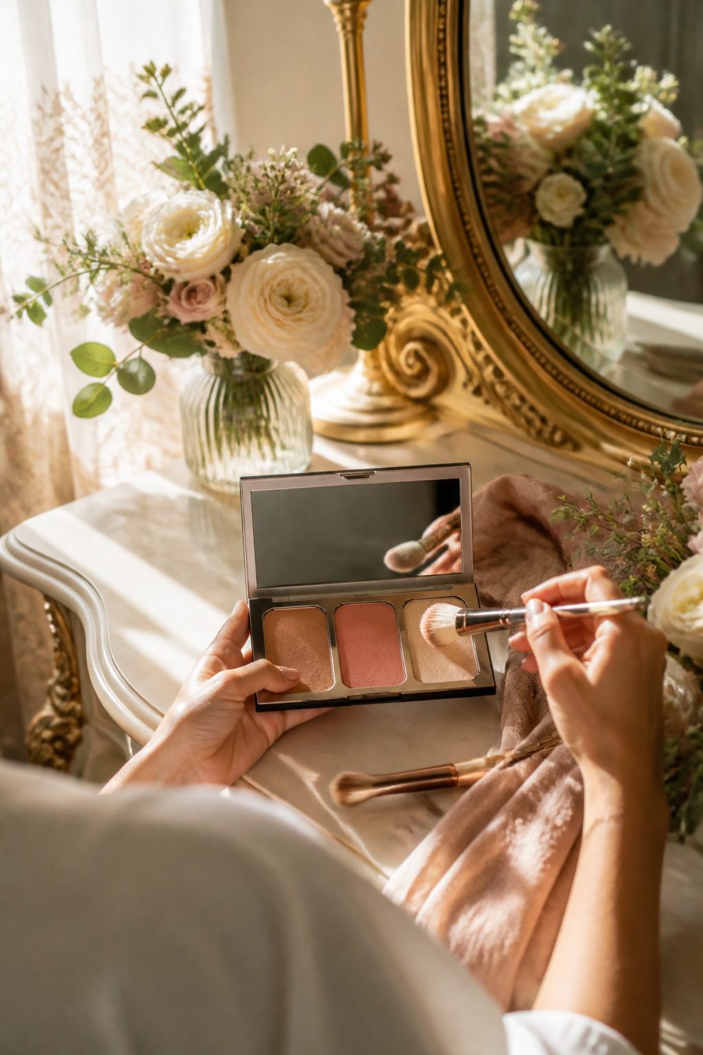 Bridal Wedding Makeup: A Step-by-Step Guide for 2026 5 Palette of bronzer, blush, and highlighter on a vanity with floral decorations.