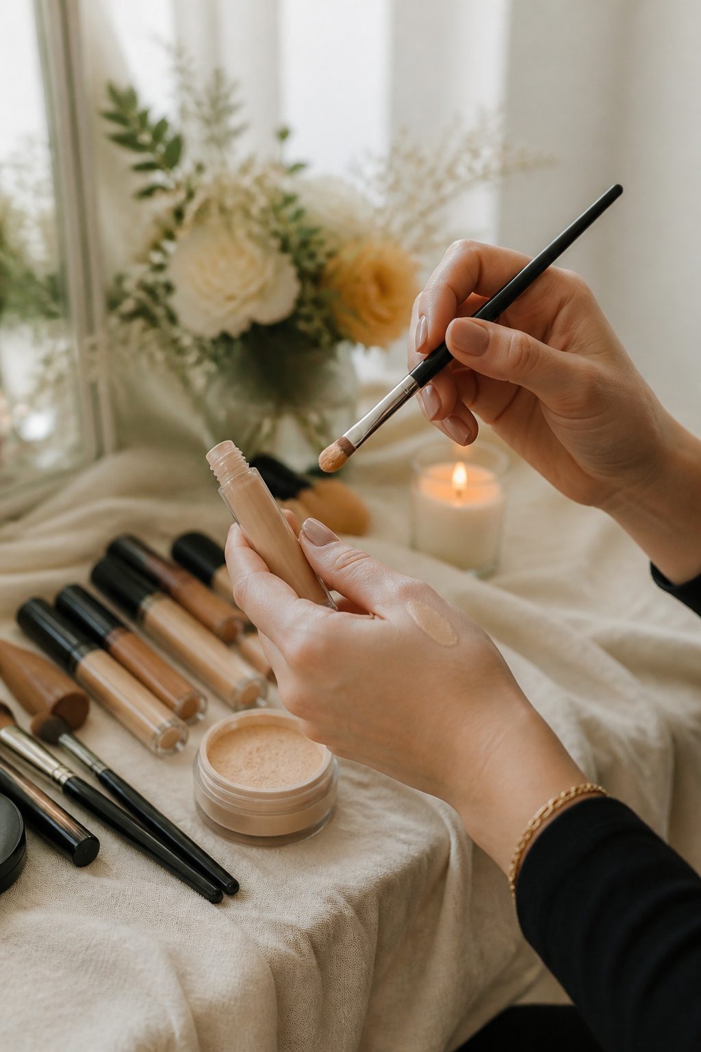 Bridal Wedding Makeup: A Step-by-Step Guide for 2026 3 Close-up of concealer application with brushes and setting powder on a vanity.