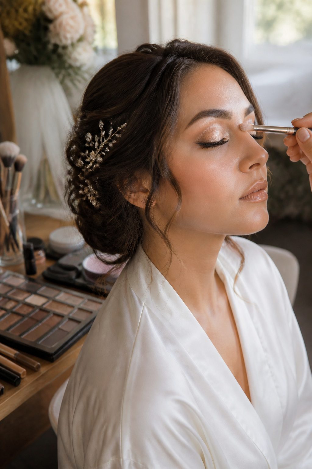 Bridal Wedding Makeup: A Step-by-Step Guide for 2026 6 Makeup artist applying waterproof eye makeup with various products on a table.