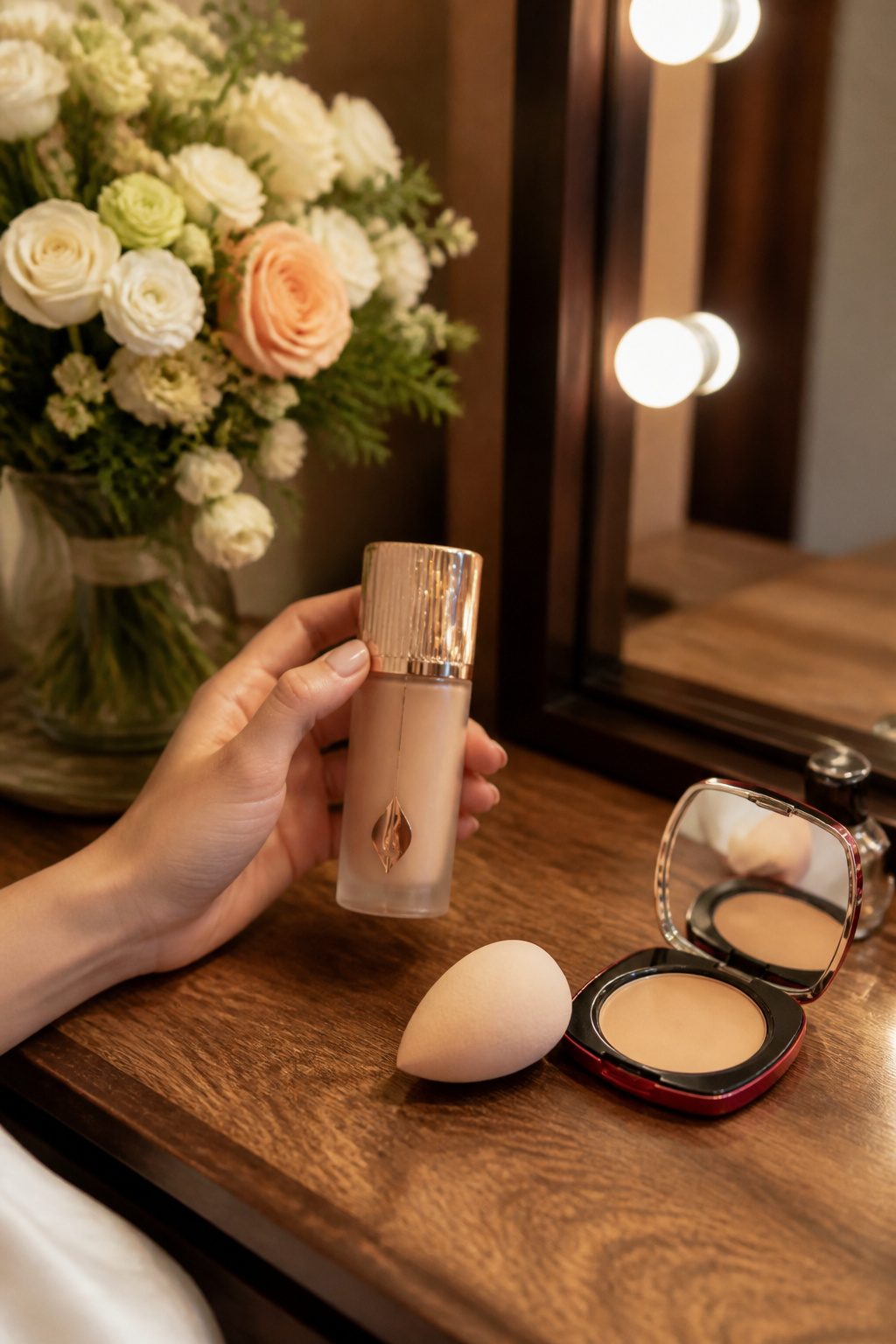 Bridal Wedding Makeup: A Step-by-Step Guide for 2026 2 Vanity with Charlotte Tilbury foundation, sponge, and L'Oréal Infallible compact.