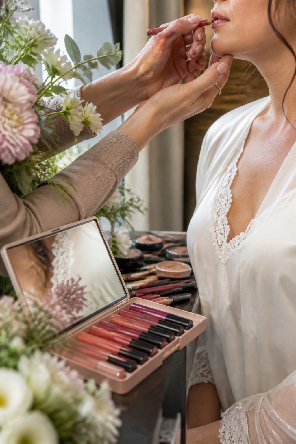 Bridal Wedding Makeup: A Step-by-Step Guide for 2026 7 Close-up of lip liner application with an elegant lipstick palette nearby.