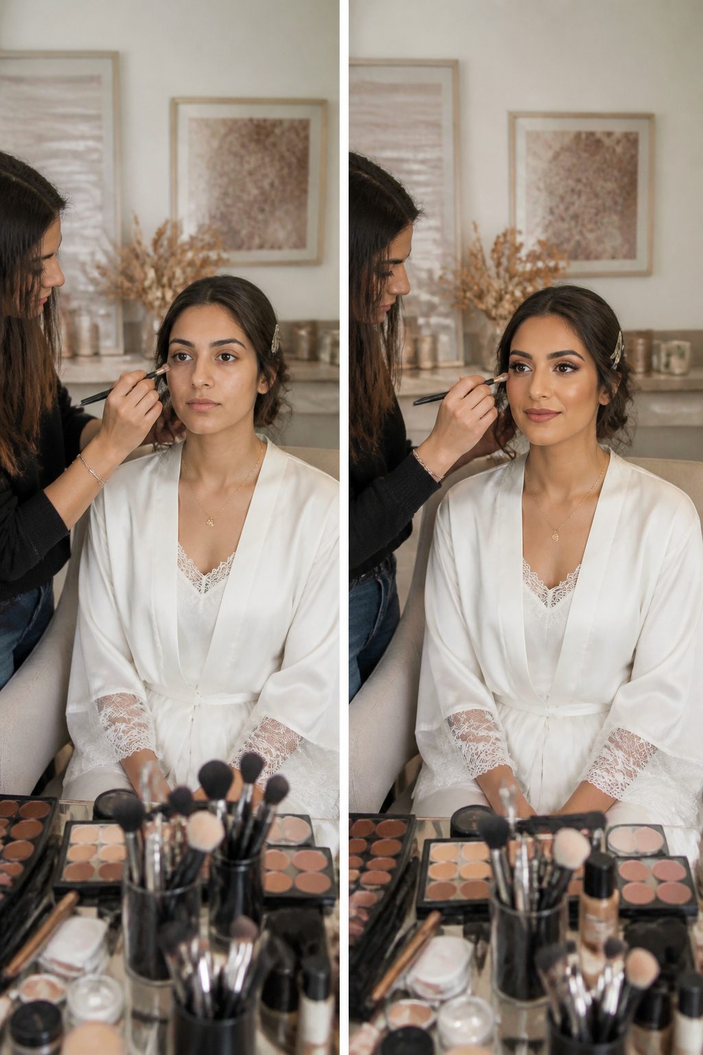 Bridal Wedding Makeup: A Step-by-Step Guide for 2026 9 Makeup artist and bride during a makeup trial with various products on display.