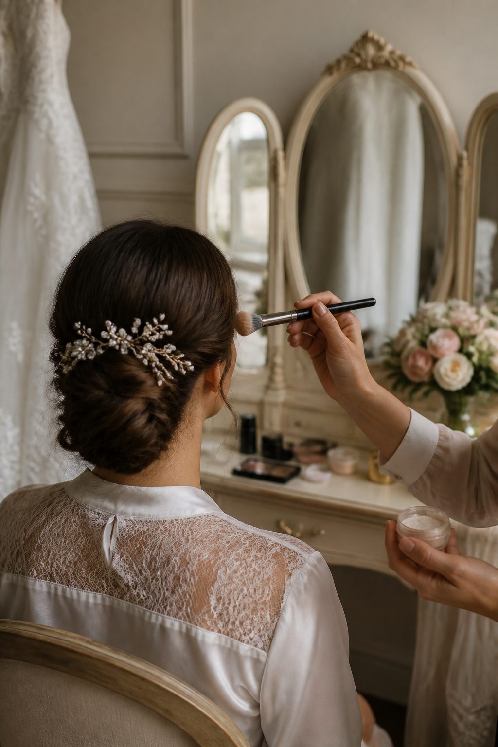 Bridal Wedding Makeup: A Step-by-Step Guide for 2026 4 Hand dusting translucent powder on a model’s face in a bridal suite.