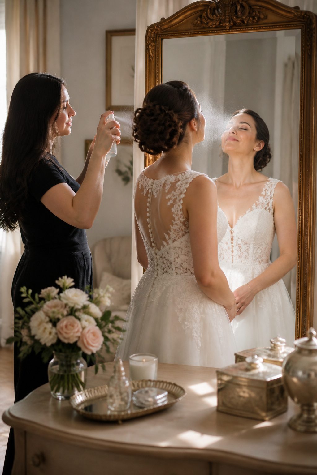 Bridal Wedding Makeup: A Step-by-Step Guide for 2026 8 Bride receiving a setting spray in a beautifully decorated dressing area.