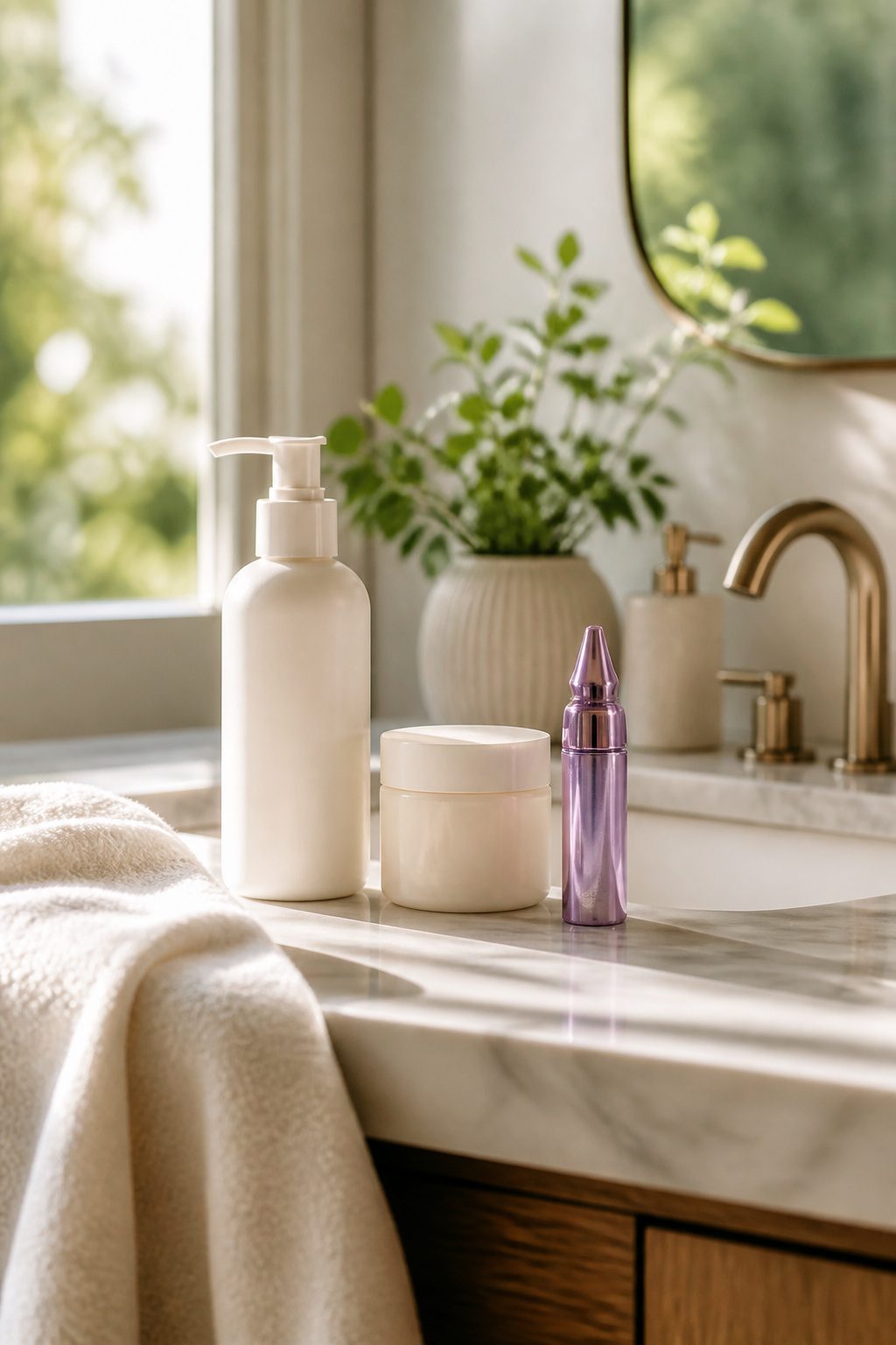 Bridal Wedding Makeup: A Step-by-Step Guide for 2026 1 Bathroom countertop with cleanser, moisturizer, and Urban Decay Primer Potion.