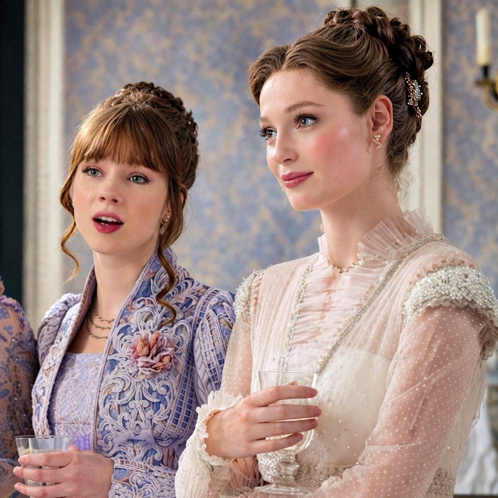 Two women wearing ornate Regency-style gowns and patterned jackets in a formal setting.