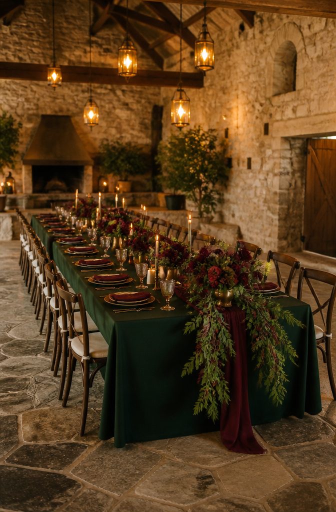 A wedding scene featuring hunter green and burgundy elements.