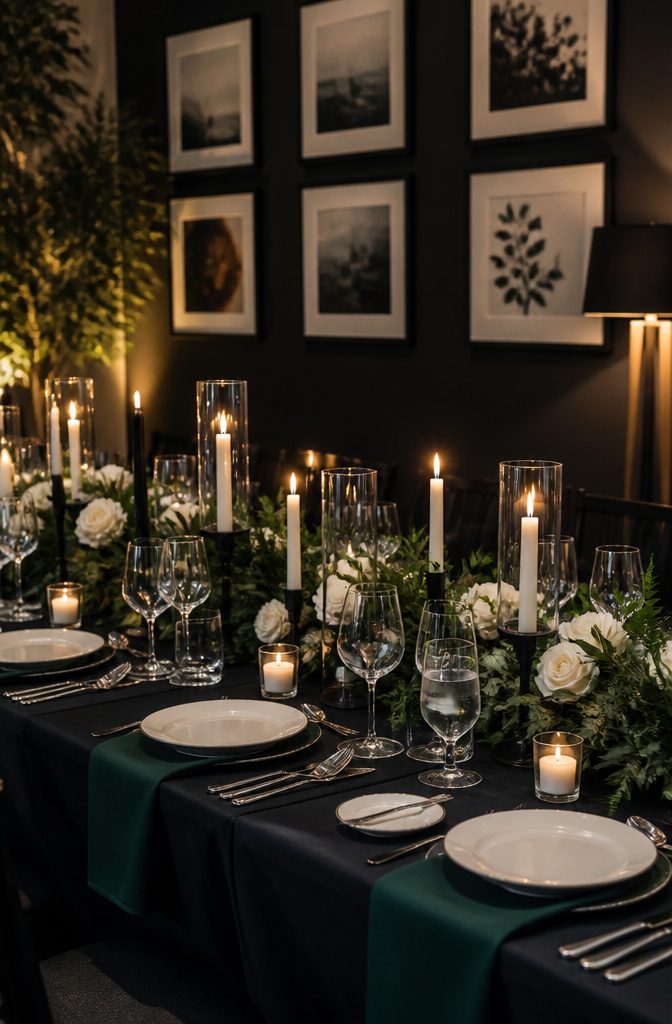 A wedding table set with black cloth and hunter green napkins.