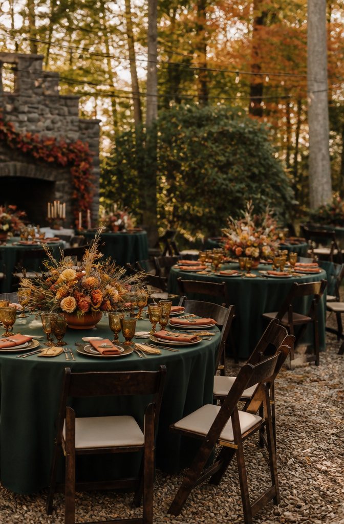 A rustic table adorned with burnt orange and hunter green decorations.