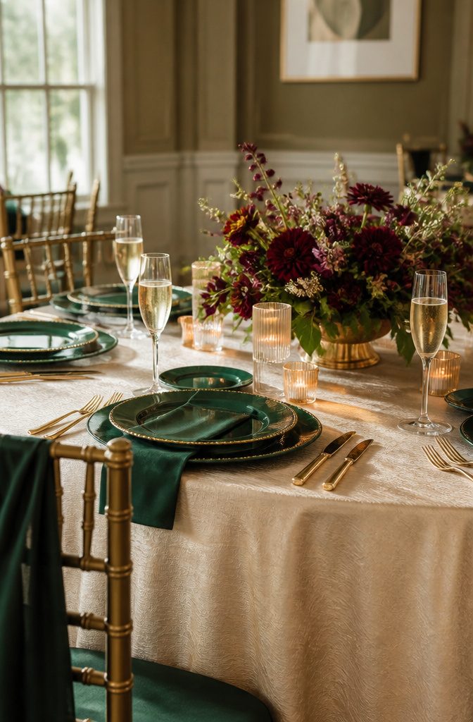 A wedding table dressed in champagne linens and hunter green accents.