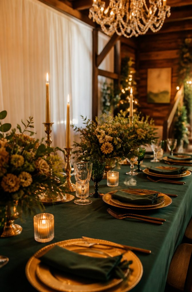 A table set with gold tableware and hunter green linens.