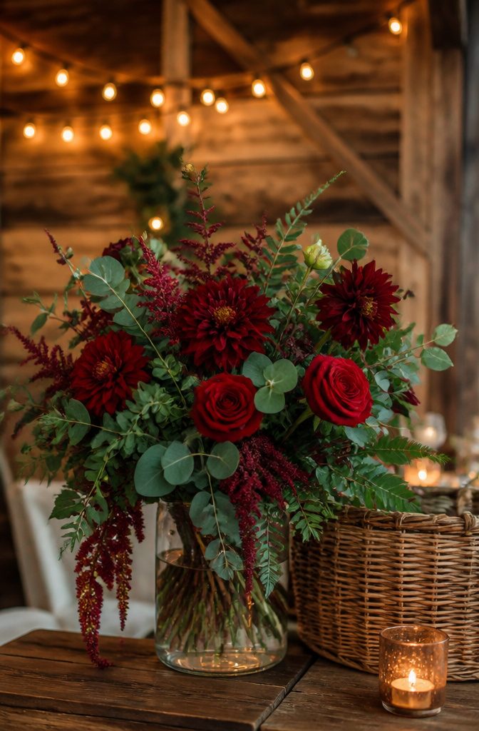A bouquet of deep red flowers against hunter green leaves.