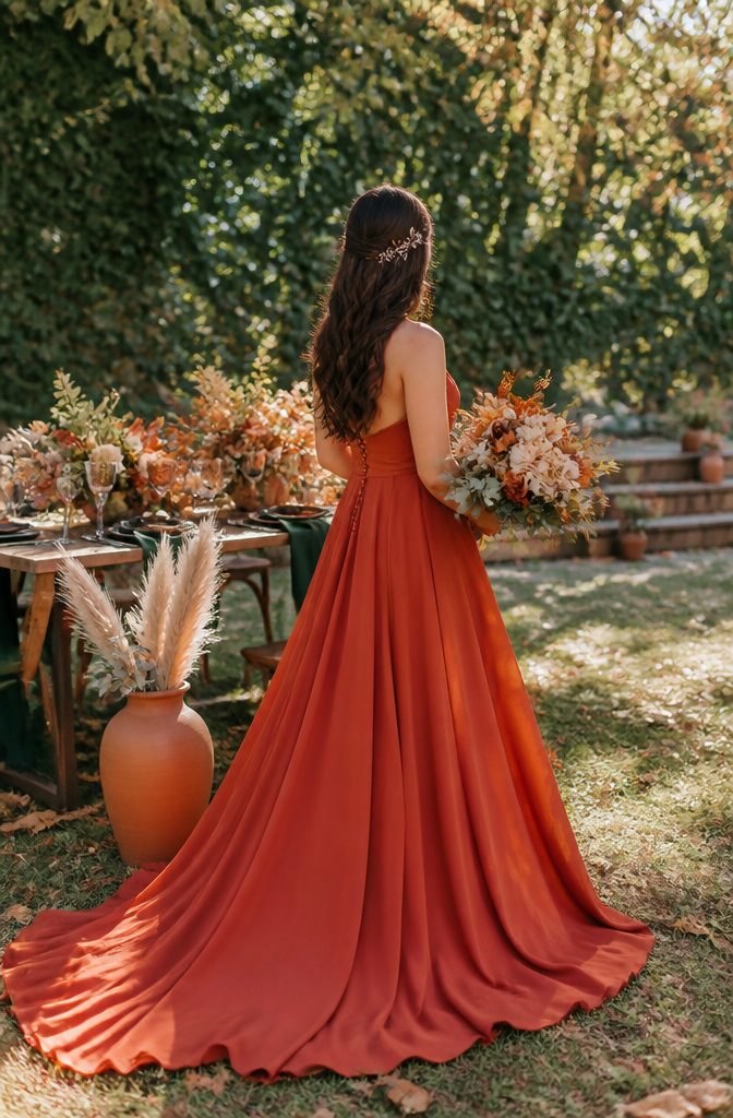 A bride in a terracotta dress surrounded by hunter green plants.