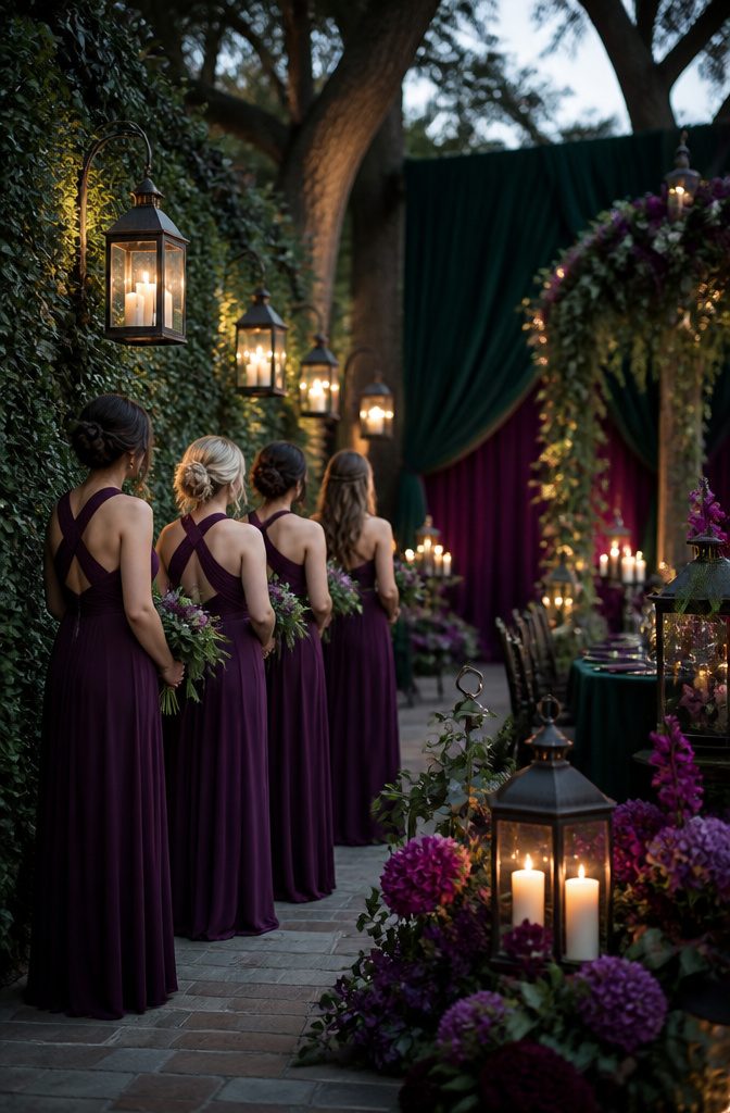 Bridesmaids in purple dresses next to dark green plants.