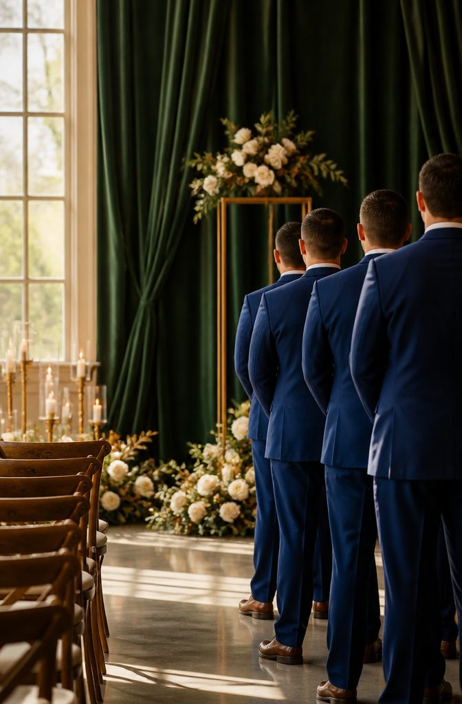 Groomsmen wearing royal blue suits next to hunter green fabric.