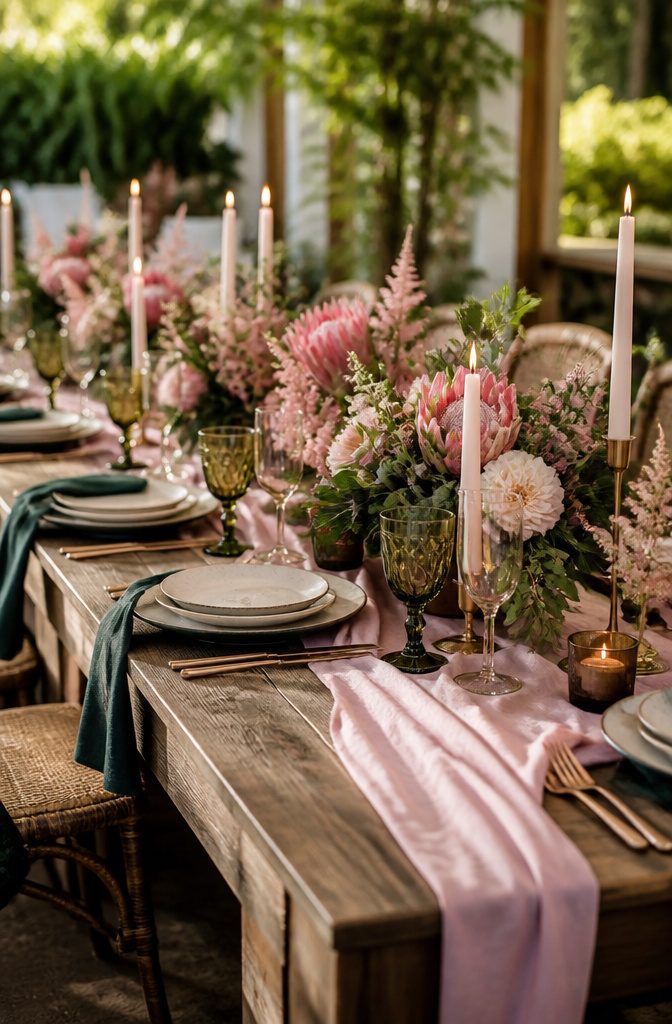 A table with soft pink runners and hunter green napkins.